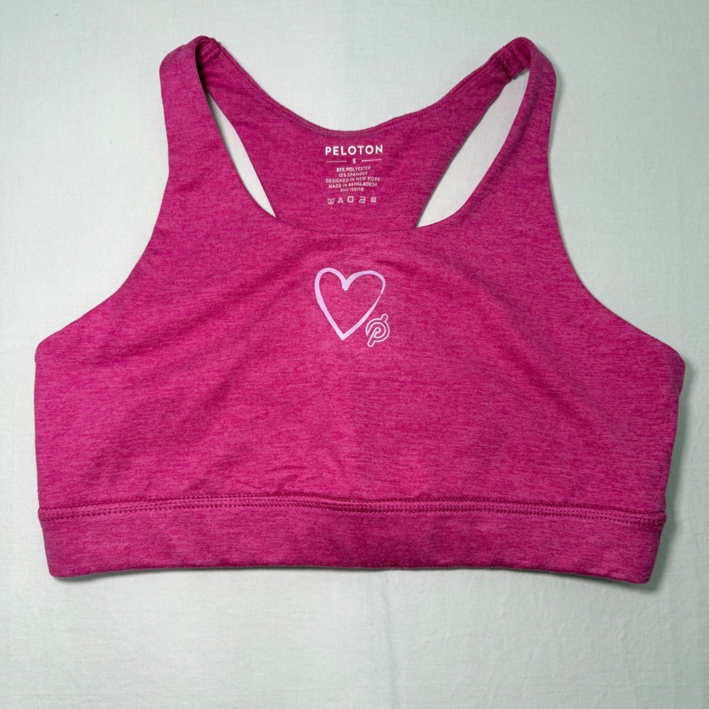 Peloton Sports Bra Womens Small Pink Heart Logo Strappy Back Racerback Yoga Gym